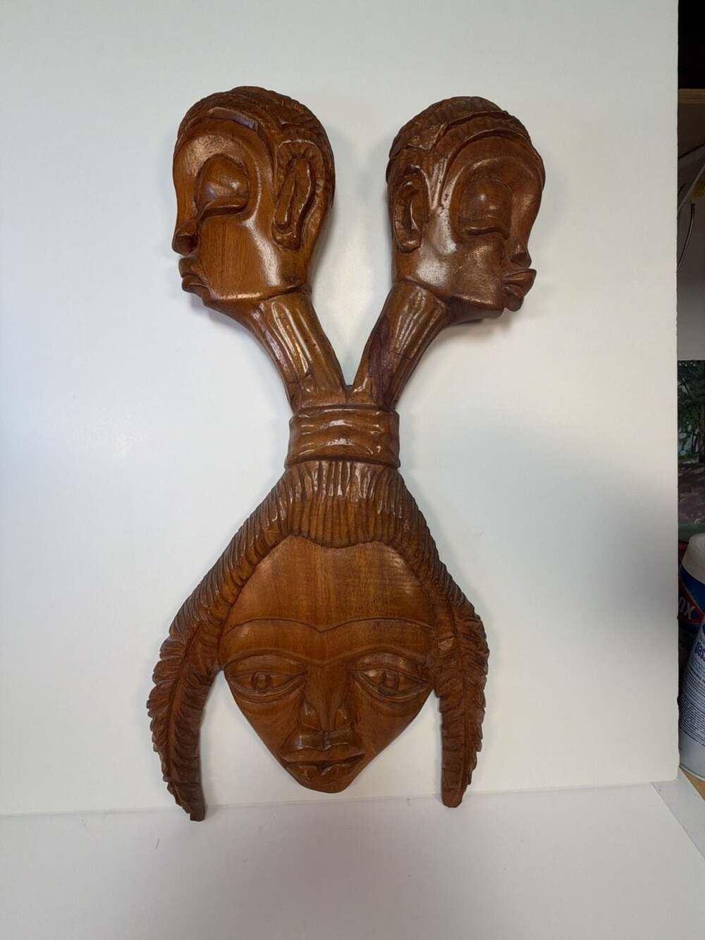 Vintage Hand Carved African Wood Wall Sculpture Two Faces Man Woman